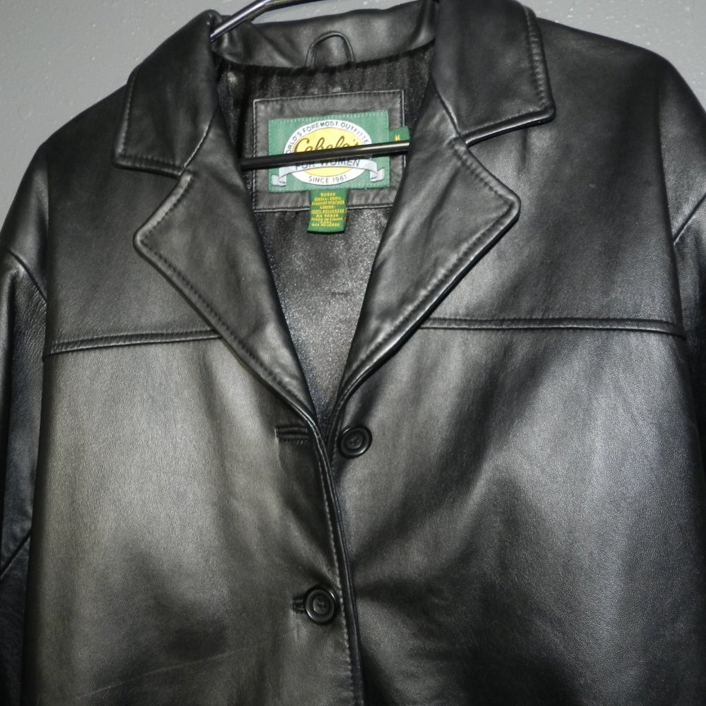 Cabelas Womens Black Genuine Leather Long Button Down Winter Coat Size Medium - Picture 3 of 8